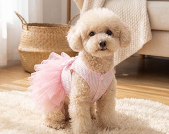 Dog Princess Tutu Dress | Small Dog Party Clothes | Striped Mesh Skirt | Birthday Pet Wear