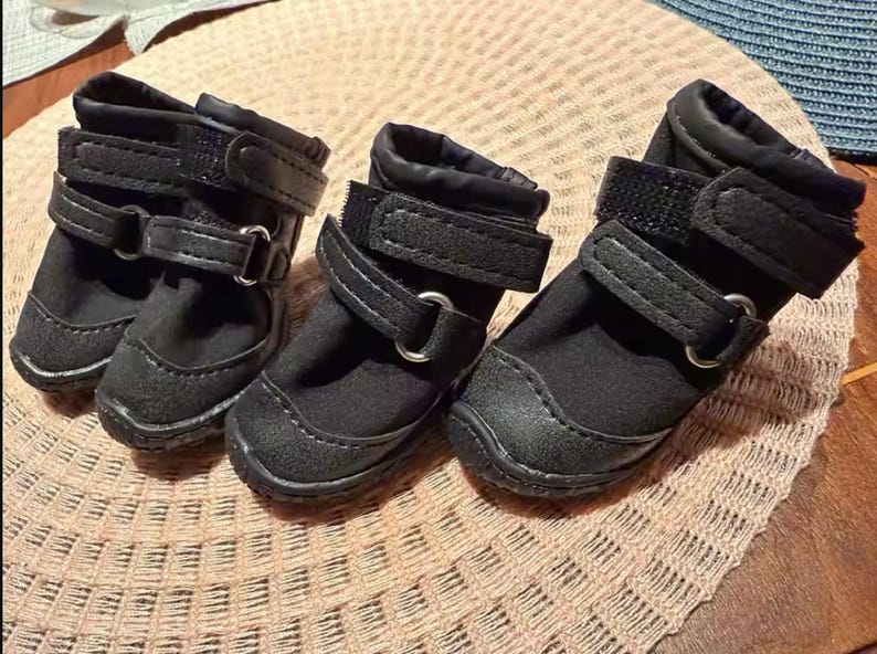 Pu&ograve; includere: Tre stivali neri per cani con cinturini regolabili e fibbie in metallo. Gli stivali sono realizzati in un materiale resistente e hanno un design cucito attorno alla zona delle dita. Sono progettati per proteggere le zampe di un cane.