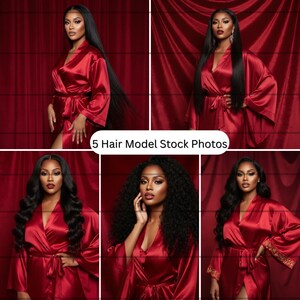 Peut inclure: Cinq photos de modèles capillaires. Chaque modèle porte une robe en satin rouge avec une ceinture assortie. Les modèles ont de longs cheveux foncés coiffés de différentes manières. Le fond est un rideau rouge foncé.
