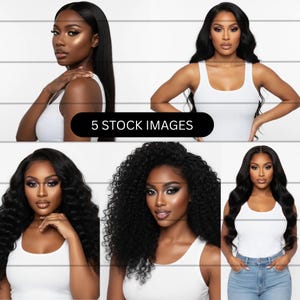 Peut inclure: Cinq images de stock présentant des femmes avec différentes coiffures noires. Chaque femme porte un débardeur blanc. Les coiffures comprennent des cheveux noirs raides, ondulés et bouclés. Le texte "5 STOCK IMAGES" est affiché dans un ovale noir.