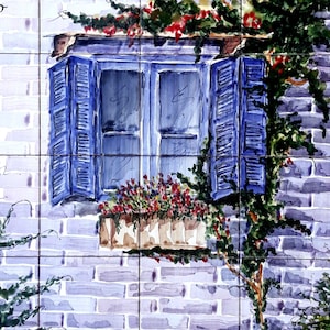 May include: Watercolor tile art depicting a blue window with shutters, a flower box, and climbing vines against a light purple brick wall. The text "Gloria's Tile Studio" is in the upper left corner.