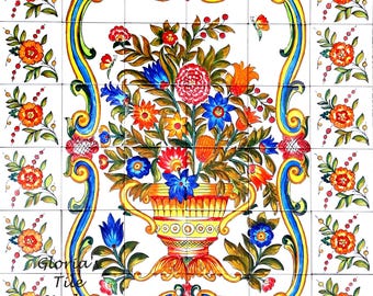 Murale di piastrelle italiane dipinto a mano, paraschizzi in mosaico floreale
