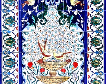 30x42 Colombe che si baciano su una fontana, belle arti, murale in piastrelle a mosaico di alta qualità, paraschizzi unico nel suo genere