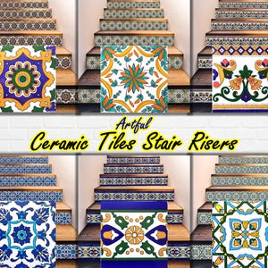 Puede incluir: Una colección de contrahuellas de escaleras de cerámica con varios patrones coloridos. Las contrahuellas presentan diseños florales y geométricos en tonos azules, amarillos, verdes y blancos. Se muestra el texto "Artful Ceramic Tiles Stair Risers".