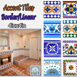 May include: A collection of square 4in x 4in accent tiles featuring various colorful geometric and floral patterns in blue, yellow, green, and red. The image includes text reading Accent Tiles Border/Linear 4inx4in and a bathroom installation.