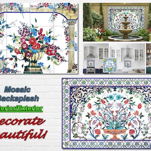 Op de afbeelding: Een mozaïektegelontwerp met een bloemstuk in een decoratieve vaas. Het ontwerp bevat rode, blauwe en witte bloemen. De afbeelding toont ook een mozaïekfontein en keukenachterwanden. De tekst op de afbeelding luidt "Mosaic Backsplash Interior/Exterior Decorate beautiful!"