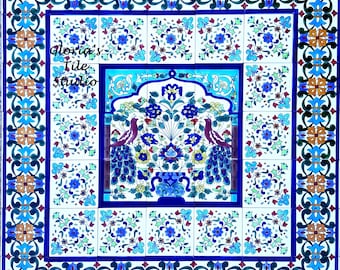 Hand Painted Peacock Tile Mural, Mediterranean Mosaic Backsplash