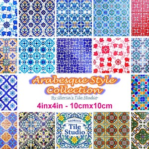 May include: A collection of 4x4 inch (10cm x 10cm) Arabesque style tiles in various patterns and colors. The tiles feature floral and geometric designs in shades of blue, red, and green. The text "Arabesque Style Collection" is displayed.