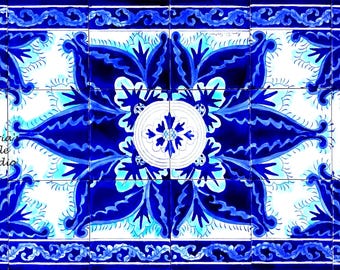 Tappeto decorativo con mosaico murale in piastrelle di ceramica, dipinto a mano, motivo persiano, 36x18 pollici, tonalità blu