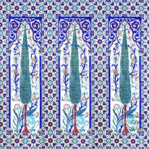 Può includere: Piastrelle decorative in ceramica con un motivo ripetuto. Il design presenta alberi stilizzati in tonalità verde acqua e marrone, su sfondo bianco. Le piastrelle sono incorniciate da intricati bordi floreali blu e bianchi.