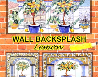 Giardino di limoni in stile italiano, piastrelle in ceramica a mosaico, dipinte a mano, paraschizzi decorativo, pezzo unico