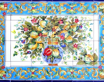 Belle arti, mosaico murale con piastrelle e fiori di limone, paraschizzi unico nel suo genere