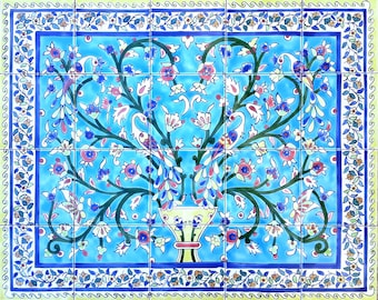 Mosaico murale di piastrelle italiane dipinto a mano, paraschizzi da giardino con pavone