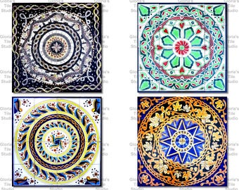 24x24 Accent Medallion Mosaic Mural Ceramic Tiles, Hand Painted, Persian Design, One of a Kind