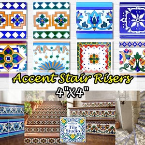 Op de afbeelding: Een verzameling decoratieve keramische accent traptreden, elk 10 cm x 10 cm groot. De tegels hebben levendige, kleurrijke patronen in blauw, oranje, groen en geel. De tekst "Accent Stair Risers" wordt in een decoratief lettertype weergegeven.