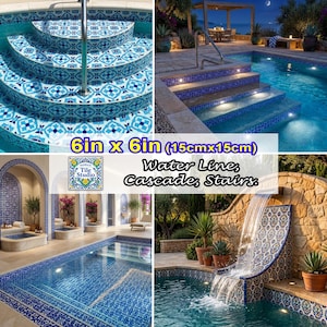Peut inclure: Plusieurs exemples de carrelage bleu et blanc à motifs, de 15 cm x 15 cm, utilisés dans des conceptions de piscines. Les carreaux sont présentés sur des marches, des lignes d'eau et des cascades, créant une esthétique cohérente. Le texte de l'image indique "Water Line, Cascade, Stairs."