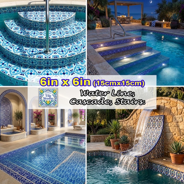 Artisan Pool Tiles, Waterline Design, Swimming Pool Decor, One of a Kind, Decorative Mosaic Tiles, Hand Painted (6inx6in)