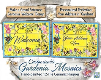 Cartello di benvenuto personalizzato - Cartello con indirizzo in stile Gardenia House Design - Murale con piastrelle a mosaico