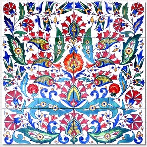 May include: A decorative tile panel featuring a vibrant floral design. The pattern includes red, blue, green, and yellow flowers and leaves against a white background. The design is symmetrical and detailed, with a traditional aesthetic.