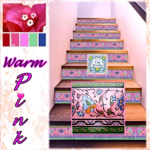 May include: Pink and wood staircase with decorative tile risers. The tiles feature floral patterns in blue, green, and pink. The image includes a color palette and the text "Warm Pink".