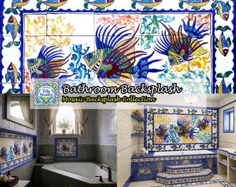 Hand Painted Golden Fish Tile Mosaic, Mediterranean Wall Art
