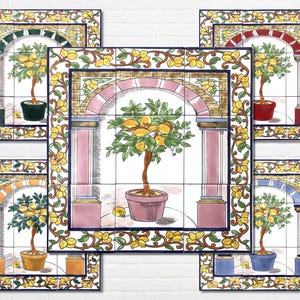 May include: Set of five decorative ceramic tiles featuring a potted lemon tree under an arched structure. Each tile has a different color scheme, including green, red, orange, blue, and pink. The tiles are framed with a floral border.