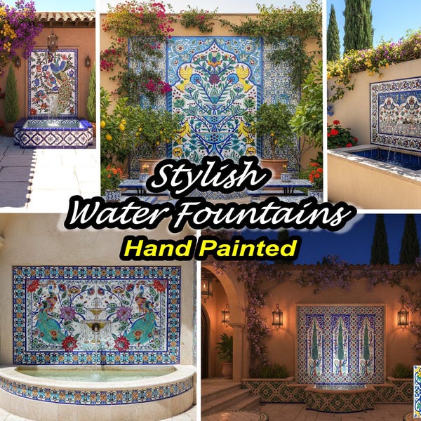 Hand Painted Ceramic Tile Mosaic Mural, Arabesque Water Fountain Backsplash