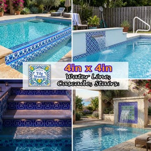 Op de afbeelding: Een collage met blauwe en witte decoratieve tegels, met de tekst "4in x 4in Water Line, Cascade, Stairs." De tegels worden gebruikt in een zwembadomgeving, inclusief een waterlijn, cascade en trap. De tegels hebben een bloemenontwerp.