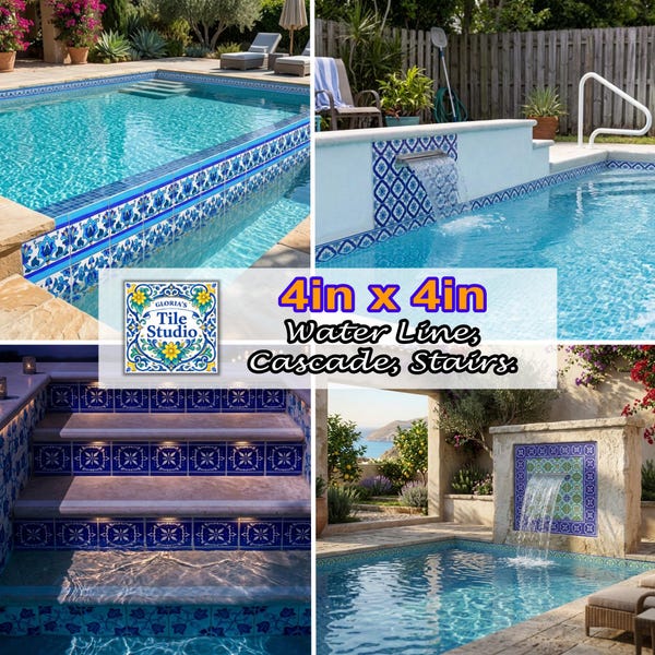 Hand Painted Mosaic Pool Tiles, Arabesque Design, Waterline, Cascade (4inx4in)