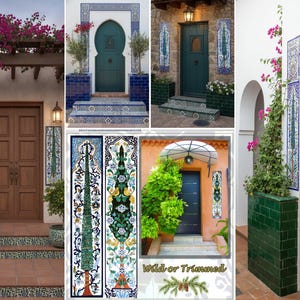 Puede incluir: Un collage de diseños de puertas exteriores con intrincados azulejos y vibrantes acentos florales. Las puertas son de varios tonos de marrón y verde, con bordes y escalones de azulejos decorativos. Algunas puertas tienen marcos arqueados, otras son rectangulares.