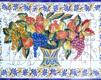 Belle arti, mosaico murale con piastrelle di design a forma di frutta di stagione, paraschizzi unico nel suo genere