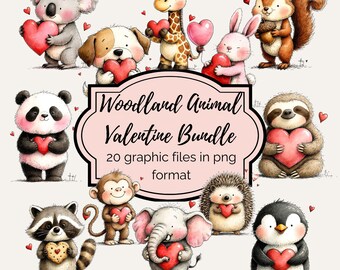 Whimsical Valentine Animal Clipart Bundle, Fluffy Animals with Hearts, Romantic Hand Drawn Style, Printable Graphic PNG