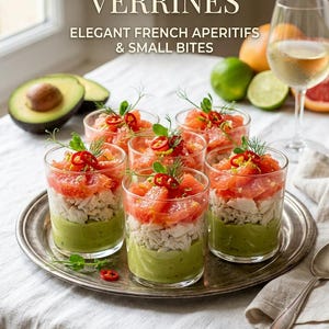 Può includere: Una copertina di rivista intitolata CUISINE & SÉDUCTION AVOCADO, CRAB & GRAPEFRUIT VERRINES ELEGANT FRENCH APERITIFS & SMALL BITES con sei bicchieri riempiti con strati di purea di avocado verde, polpa di granchio bianca e pompelmo rosa.