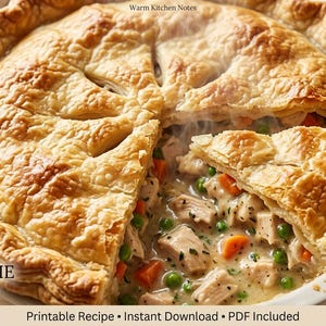 Könnte beinhalten: Ein goldbrauner Hühnerkuchen mit knusprigem Teig, teilweise angeschnitten, um eine cremige Füllung mit Hühnchen, Erbsen und Karotten zu zeigen. Der Text "CHICKEN PIE Printable Recipe" ist sichtbar. Nahaufnahme.