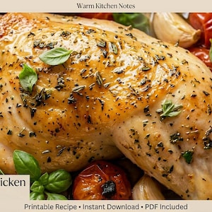 Puede incluir: Primer plano de pollo italiano al horno con tomates asados, ajo y hierbas. El pollo es de color marrón dorado y está sazonado con hierbas. La imagen incluye el texto "Italian Baked Chicken Printable Recipe".