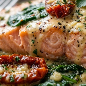 May include: Close-up of a cooked salmon fillet, topped with sun-dried tomatoes, spinach, and a creamy sauce. The salmon is a vibrant orange color, and the dish is garnished with fresh herbs. A fork is visible in the background. A delicious meal.
