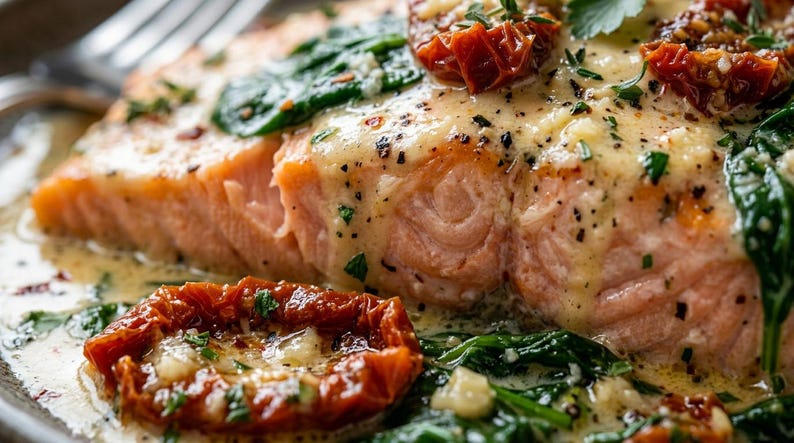 May include: Close-up of a cooked salmon fillet, topped with sun-dried tomatoes, spinach, and a creamy sauce. The salmon is a vibrant orange color, and the dish is garnished with fresh herbs. A fork is visible in the background. A delicious meal.