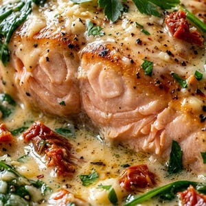May include: A close-up of a cooked salmon fillet, coated in a creamy sauce with spinach and sun-dried tomatoes. The salmon has a golden-brown crust, and the sauce is speckled with black pepper and herbs. A delicious seafood dish.