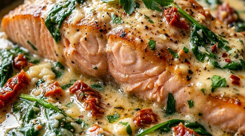 May include: A close-up of a cooked salmon fillet, coated in a creamy sauce with spinach and sun-dried tomatoes. The salmon has a golden-brown crust, and the sauce is speckled with black pepper and herbs. A delicious seafood dish.