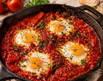 Receta de Shakshuka para imprimir / Huevos al horno con salsa de tomate (Descarga digital)