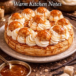 Pode incluir: Um bolo Saint-Honoré com o texto "Saint-Honoré Warm Kitchen Notes". O bolo apresenta uma base de massa folhada, profiteroles recheados com creme e chantilly, regados com caramelo. A sobremesa está num prato com molho de caramelo e vagens de baunilha.