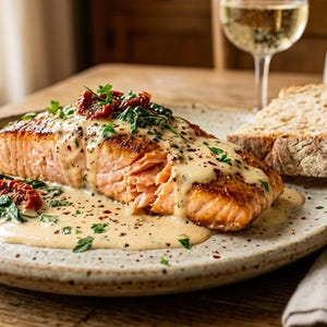 May include: A plate of pan-seared salmon fillet, topped with a creamy sauce, spinach, and sun-dried tomatoes. A slice of crusty bread sits beside the salmon. A glass of white wine and a pitcher are in the background.