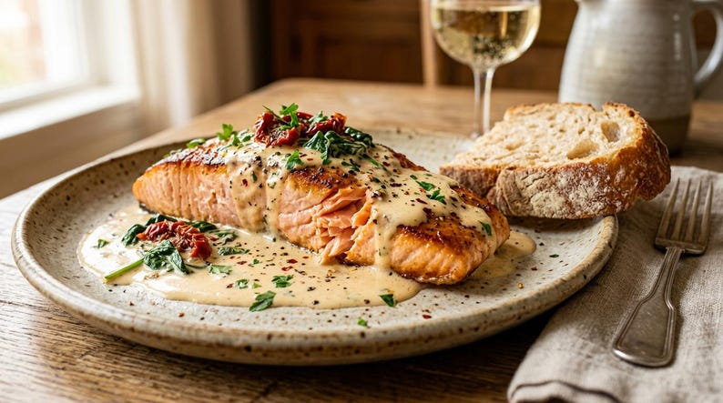 May include: A plate of pan-seared salmon fillet, topped with a creamy sauce, spinach, and sun-dried tomatoes. A slice of crusty bread sits beside the salmon. A glass of white wine and a pitcher are in the background.