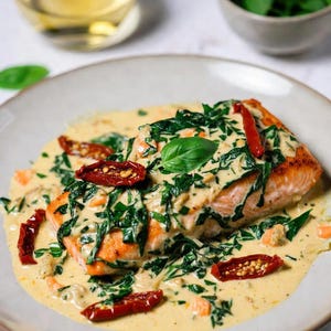 May include: A plate of salmon fillet with a creamy sauce, topped with spinach, basil, and sun-dried tomatoes. A glass of white wine and a small bowl of basil leaves are in the background. The dish is a culinary delight.