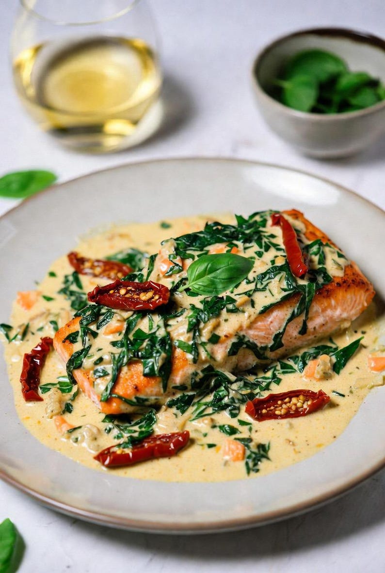May include: A plate of salmon fillet with a creamy sauce, topped with spinach, basil, and sun-dried tomatoes. A glass of white wine and a small bowl of basil leaves are in the background. The dish is a culinary delight.