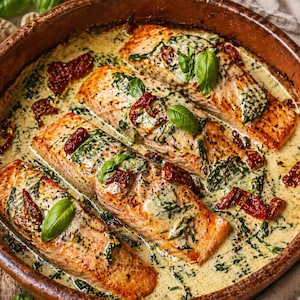 May include: A close-up shot of baked salmon fillets in a creamy sauce, garnished with fresh basil and sun-dried tomatoes. The salmon is in a round, brown baking dish, showcasing a home-cooked meal.