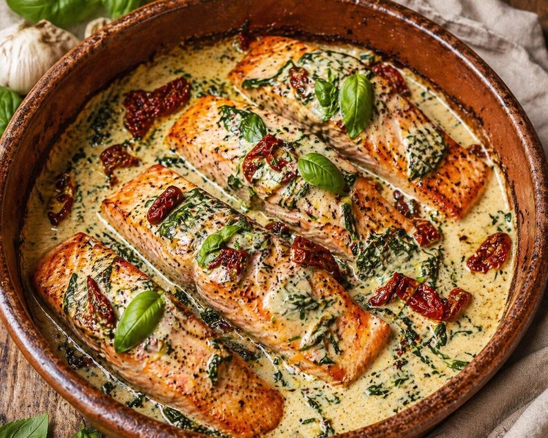 May include: A close-up shot of baked salmon fillets in a creamy sauce, garnished with fresh basil and sun-dried tomatoes. The salmon is in a round, brown baking dish, showcasing a home-cooked meal.
