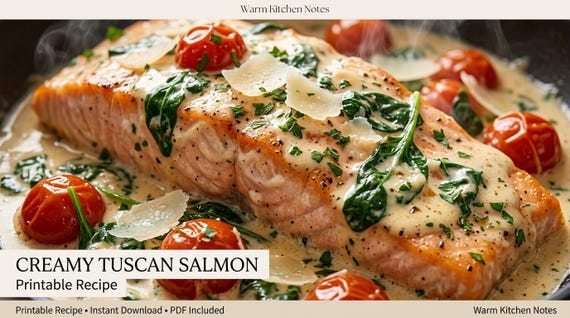 Creamy Tuscan Salmon Recipe: Garlic Parmesan Spinach Sun-Dried Tomato (Digital Download)
