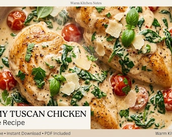 Creamy Tuscan Chicken Recipe, Garlic Parmesan, Sun-Dried Tomatoes, Spinach (Printable PDF)