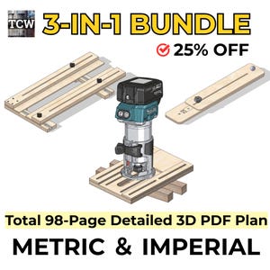 Könnte beinhalten: Ein 3-in-1-Set mit einem Makita-Elektrowerkzeug auf einer Holzvorrichtung sowie zwei weiteren Holzvorrichtungskomponenten. Das Bild enthält den Text 3-IN-1 BUNDLE, 25% OFF und Total 98-Page Detailed 3D PDF Plan METRIC & IMPERIAL.